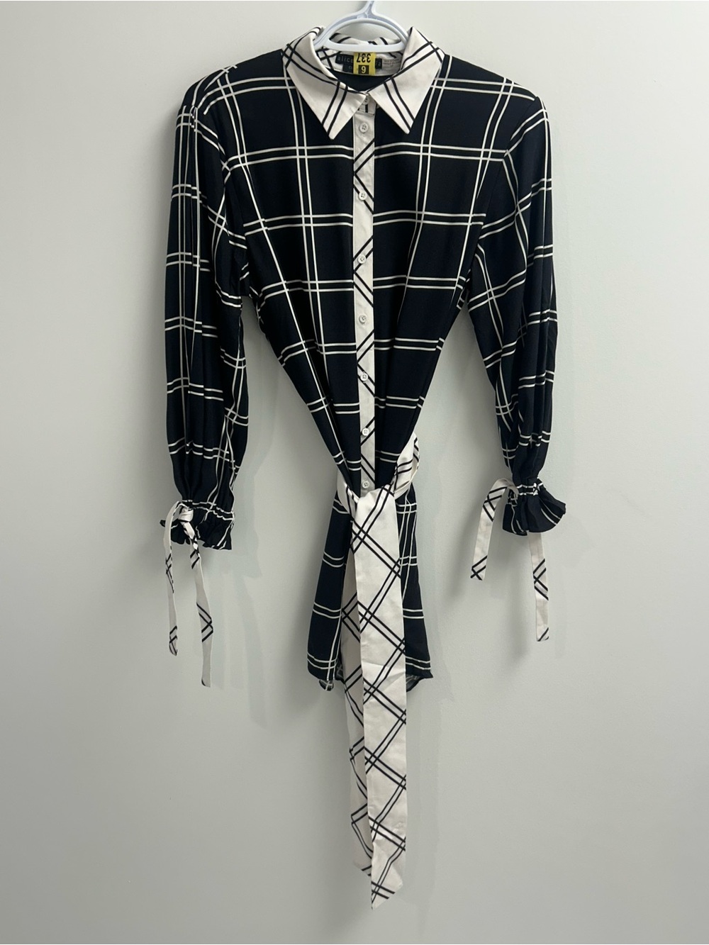 Alice + Olivia Black and White Windowpane Tie-Front Shirtdress